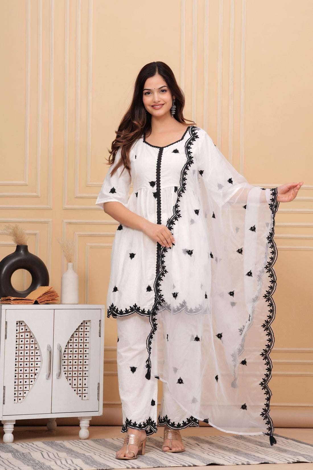 Women's Cotton Embroidery Work Straight Kurti with pant and Dupatta Set